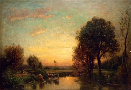 BUSSOLINO VITTORIO Torino 1853 - 1922 "Abbeverata al tramonto" 98x138 olio su...