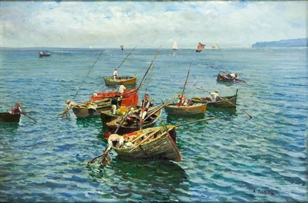 PRATELLA ATTILIO Lugo (RA) 1856 - 1949 Napoli "Pescatori nel golfo di Napoli"...