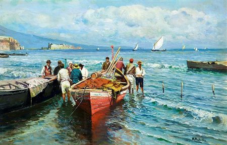 PRATELLA ATTILIO Lugo (RA) 1856 - 1949 Napoli "Pescatori e barche a riva"...