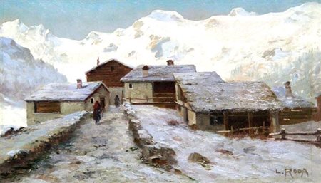 RODA LEONARDO Racconigi (CN) 1868 - 1933 "Inverno in montagna" 32,5x54,3 olio...