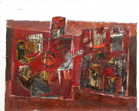 RAMELLA GIORGIO Torino 1939 "Natura morta sul tavolo rosso" 1959 80x100 olio...