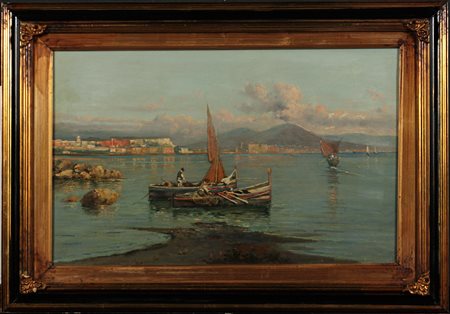 Giuseppe Carelli (1858-1921) Barche nel Golfo Olio su cartone telato cm 33x51...