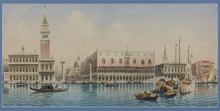 Umberto Ongania (1867-1942) Venezia Tempera su cartoncino cm 28x58 Firma in...