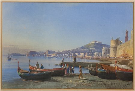 Guglielmo Giusti (1824-1916) Golfo di Napoli dal lungomare Tecnica mista su...