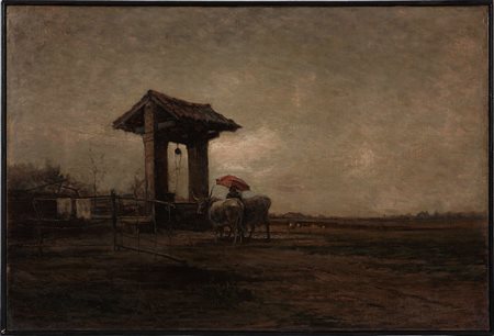 Carlo Follini (1848-1938) Paesaggio con buoi Olio su tela cm 50x75 Firma in...