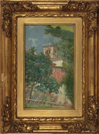 Ruggero Focardi (1864-1934) Il campanile di Padenghe (Lago di Garda) Olio su...