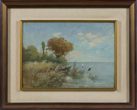 Gyula Zorkoczy (1873-1932) Lago e trampolieri Olio su tavola cm 24x34 Firma...