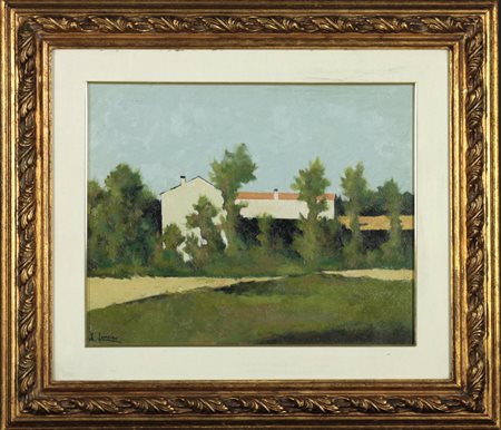 Dino Lanaro (1909-1998) Case in campagna, 1986 Olio su tela cm 40x50 Firma in...