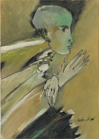 Remo Brindisi (1918-1996) Figura, 1990 Olio su tela cm 70x50 Firma in basso a...