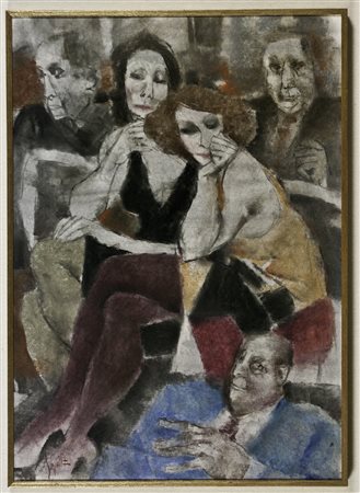 Remo Squillantini (1920-1996) Salotto Tecnica mista su cartoncino cm 69x49...