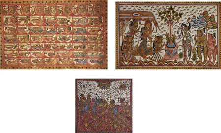 GRUPPO DI TRE TESSUTi BATIK CON DIVINITA', Bali, Indonesia XIX secolo cm...