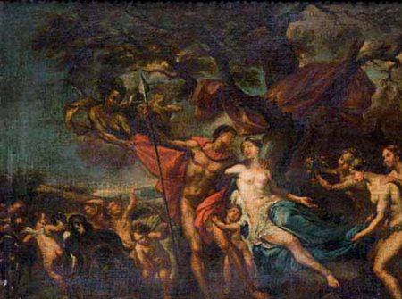 Scuola Romana del XVIII secolo DIANA E ATTEONE olio su tela, cm 86x116.