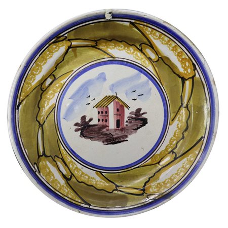 Piatto in maiolica di Caltagirone raffigurante casa,, Metà 20° secolo