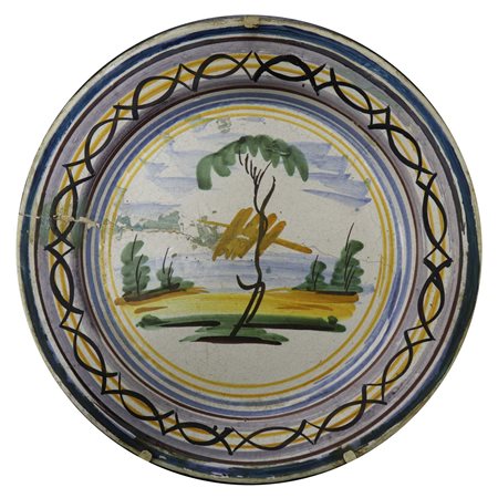 Piatto in maiolica di Caltagirone raffigurante paesaggio, Metà 20° secolo