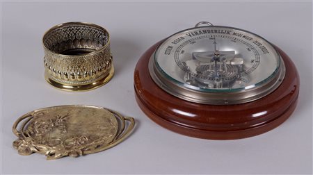 A lot consisting of a barometer, a brass vide poche and a matching bottle rack.