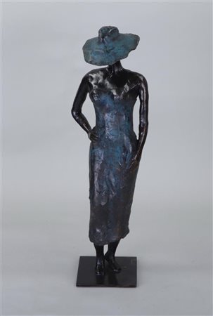 Hermus, 2008Standing woman in summer dress and hat, green and brown patinated...