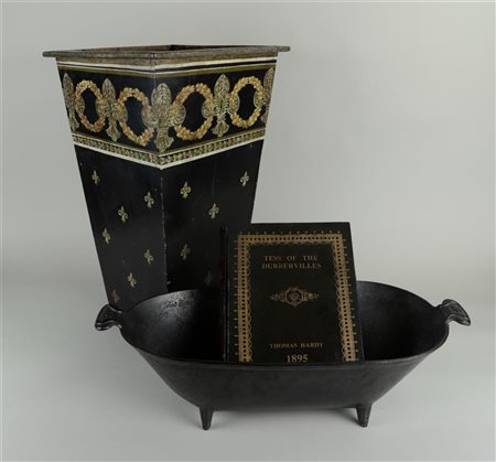 A lot consisting of a parasol, a cast iron bath, and a wooden decorative book...