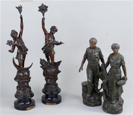 A lot consisting of (4) Zamac statues including 'Le Soir' and 'Le Matin'....