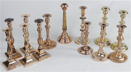 A lot consisting of three pairs and seven loose copper candlesticks. 19th /...