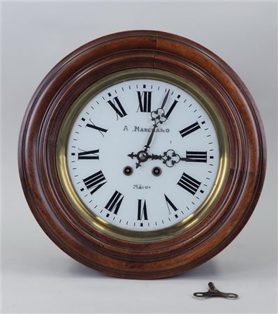 a wooden wall clock with glass dial, addressed 'A. Marchand'. France, late...