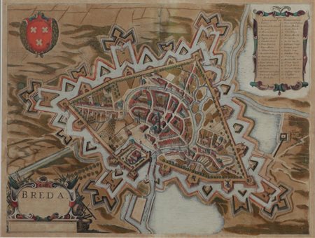 An antique, hand-colored print of the city of Breda,