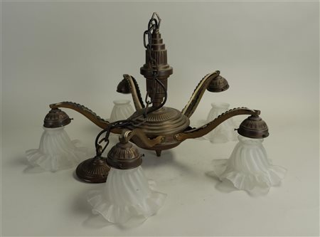 An Art Deco 5-light chandelier with glass shades.Diam. 55 cm.