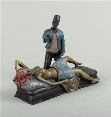 A cold-painted, erotic bronze sculpture in the style of Bergmann.16 x 20 cm,