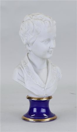 A biscuit bust of a young man on a blue porcelain base.29 x 17 cm.