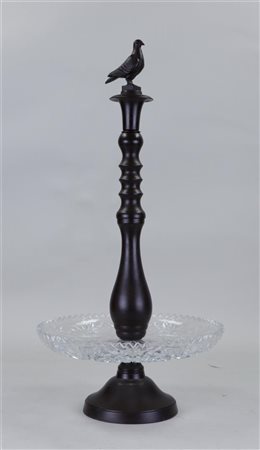 A glass table bowl on a metal base, table piece.H. 57 cm.