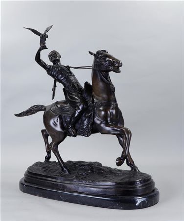 A large dark patinated bronze statue after Pierre-Jules Mène, Arabian...