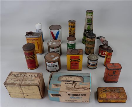 A collection of automobilia oil and fuel cans objects.