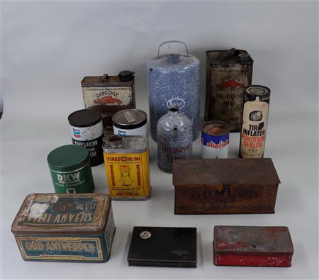 A collection of automobilia oil and fuel cans objects.