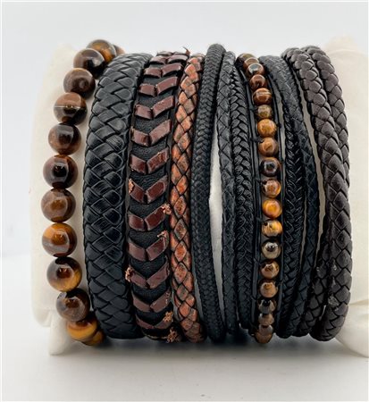 A lot of various leather men's bracelets.