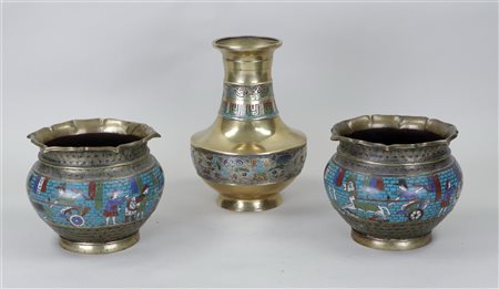 Two cloisonne cachepots with Egyptian decoration, a cloisonne baluster vase,...