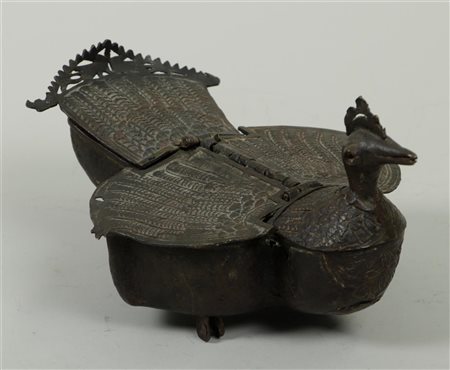 A bronze box in the shape of a rooster with four compartments, all with a...