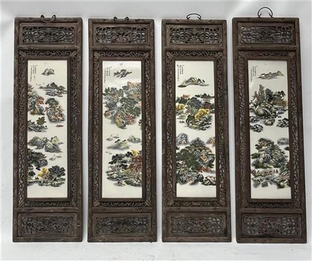 A set of four large Chinese porcelain plaques with landscape decoration in...