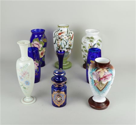 A collection of 'antique' glassware including opaline vases.