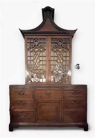 An English mahogany Japonnerie secretary with pull-out writing board. Second...