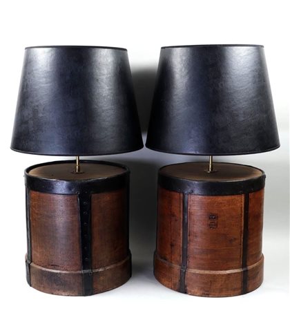 A set of two wooden antique grain boxes converted into lamp bases. H. 67 cm.