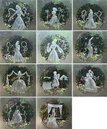 A series of eleven etched glass, Art Nouveau panels with various images of...