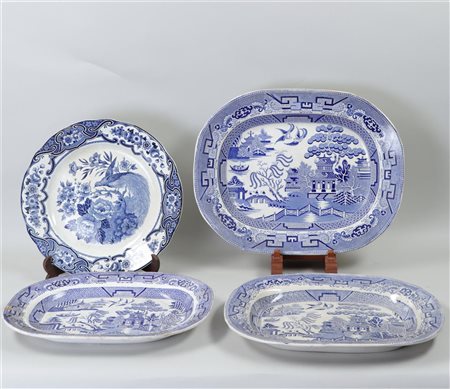 A lot of five antique transferware dishes and plates. Edge damage.