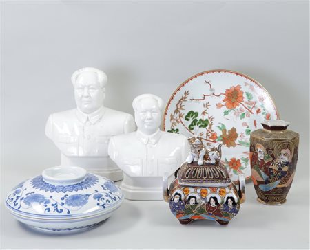 A collection of various porcelain including two blanc de Chine busts of Mao.