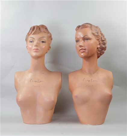 A lot of two vintage plaster busts 'Champs Eysees Paris'. H. 63 cm.