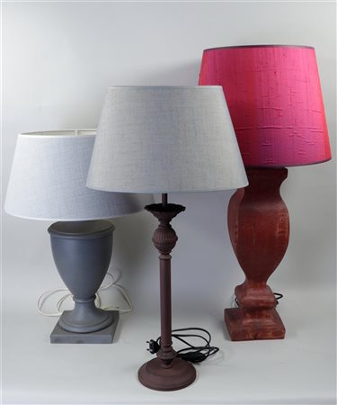 A lot consisting of (3) modern wooden table lamps. Two with light green, and...