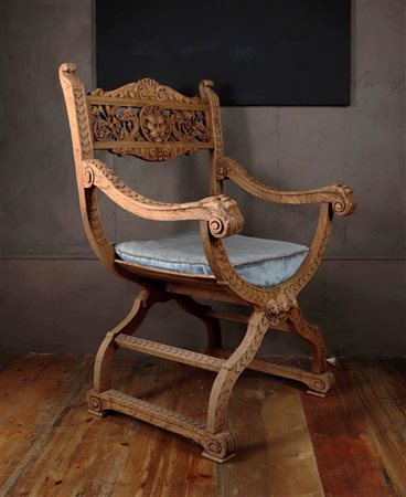 A lye-coated Dagobert chair with fabric cushion, 19th century. Height: 91 cm....