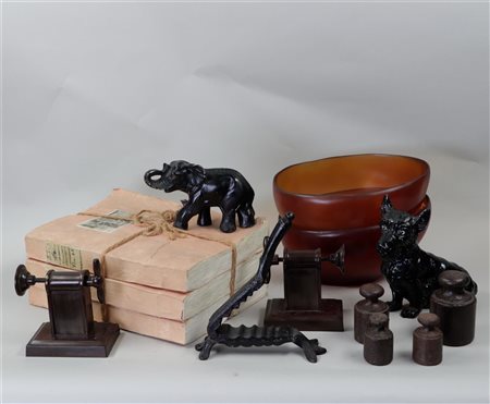 A lot of various items including two Lambert bowls, bookends and a dog in zamac.