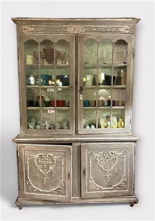 A grey lacquered, late 18th century display cabinet. NB: The contents of the...