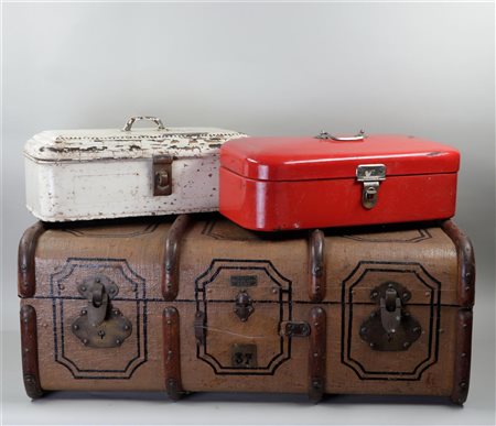 A lot of (2) enamel lunch boxes, and a travel suitcase.