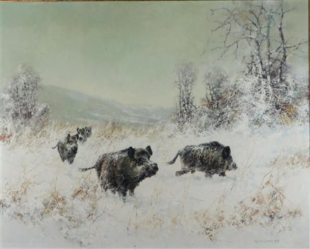 German School, Wild Boars in the Snow, signed "Klausmaier" (lower right), oil...