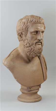 A colored cast bust of Hippocrates. 80 x 60 cm.